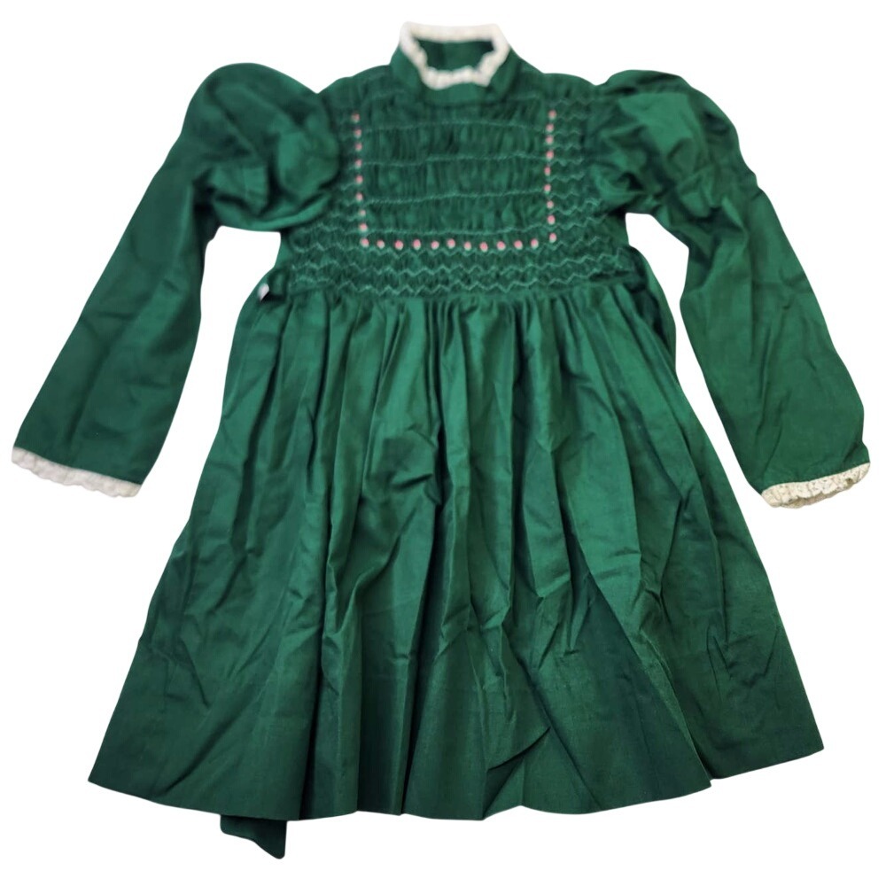 Vintage Girls Forest Green Smocked Dress Pink Rosebuds Lace Trim Holiday Special